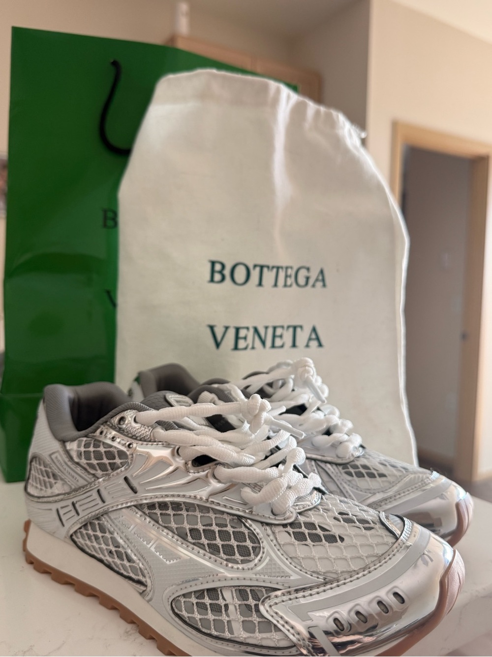Bottega Veneta Silver and White Mesh Runner Sneakers
